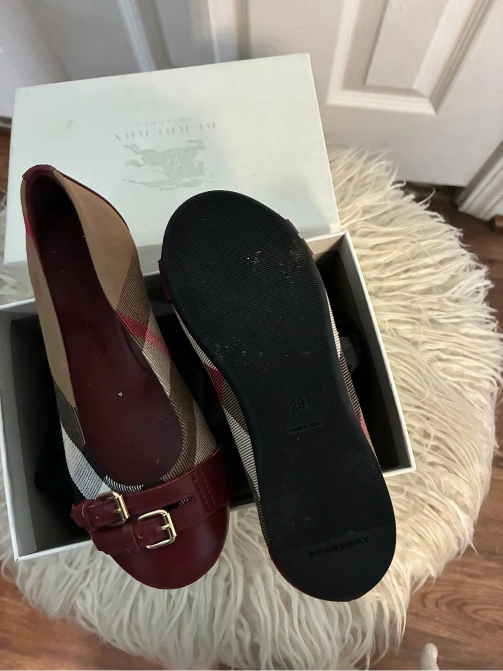 Burberry Girl’s Burgundy Plaid Ballet Flats